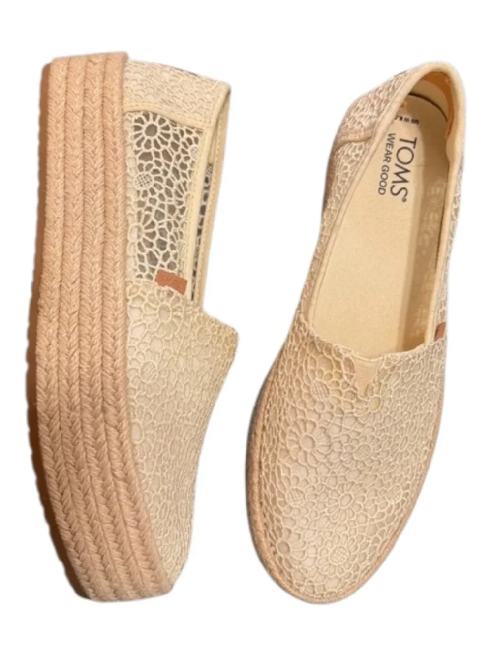 Toms Valencia Platform Slip-On Platforms Women Size 8.5 Beige Moroccan Crochet
